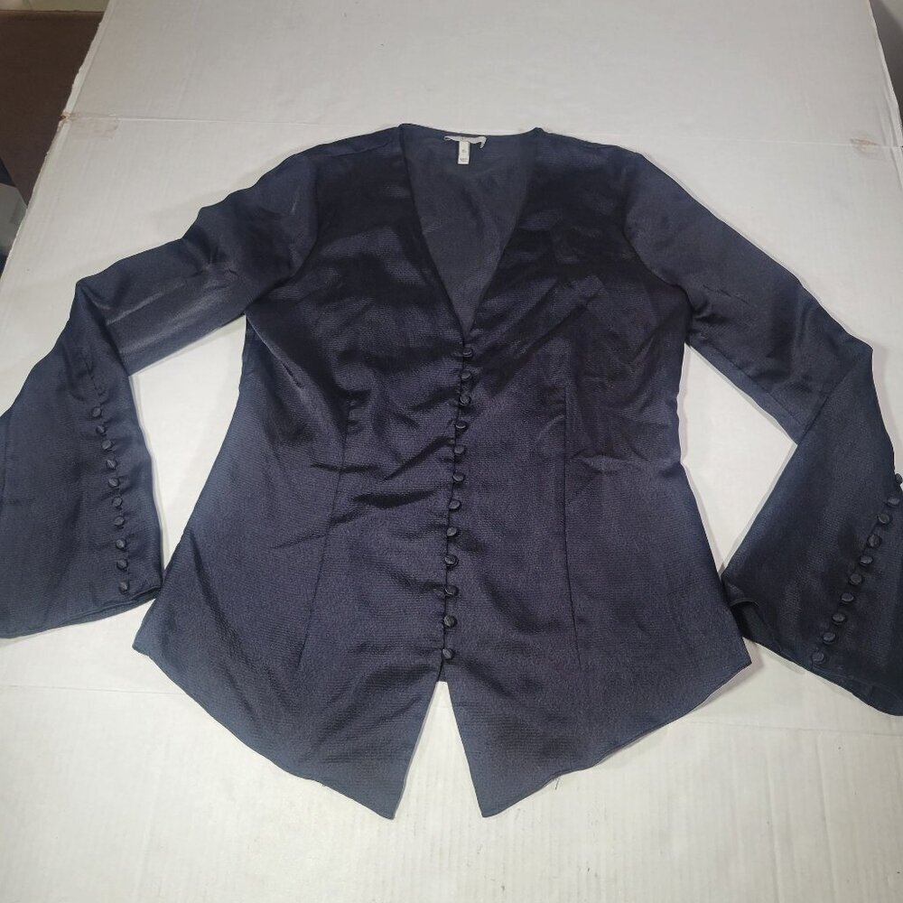 Joie Black Elegant Button-Front Satin Blouse With Bell Sleeves Size XS